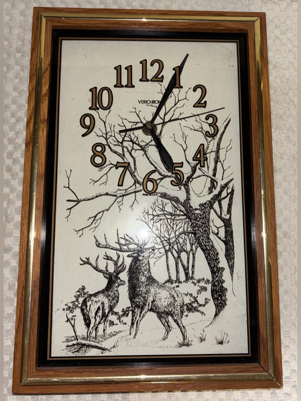 vintage Verichron Quartz Wall Clock featuring a rustic deer and forest graphic.